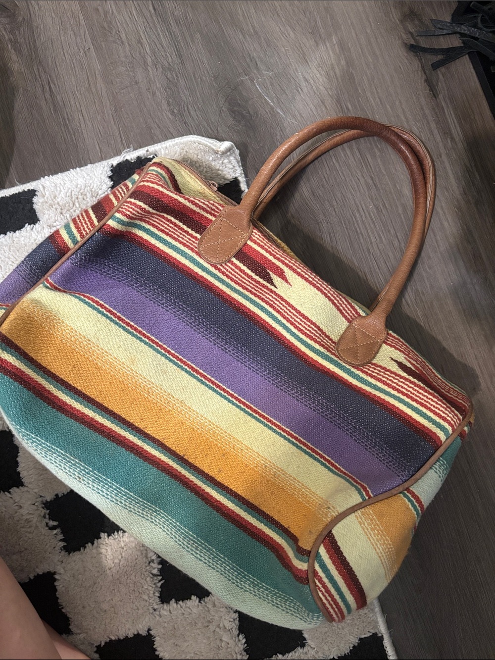 Striped Multicolor Canvas Tote Bag with Brown Leather Handles